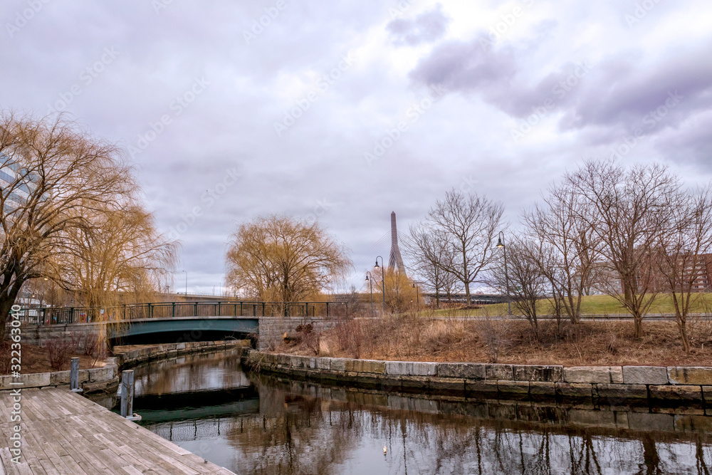 Leonard P. Zakim Bunker Hill Memorial Bridge in downtown Boston, Massachusetts, view from North Point Park. Leonard P. Zakim Bunker Hill Memorial Bridge in downtown Boston, Massachusetts, view from North Point Park.