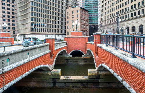 Providence, Rhode Island. Beautiful Venice-styled pedestrian bridge across Providence river photo