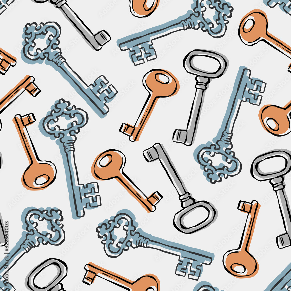 Vector seamless keys pattern. Colorful vintage hand drawn keys on white ...