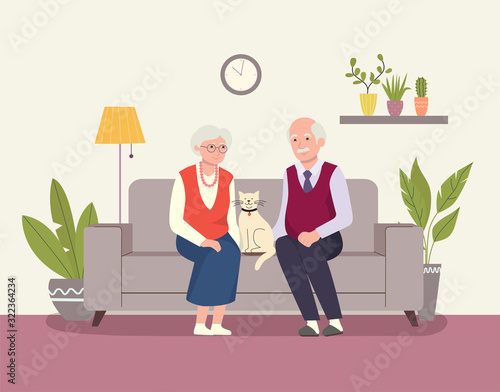 Grandmother, grandfather and cat sitting on the couch . Vector flat illustration