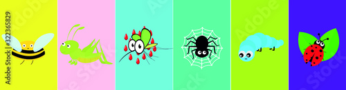 Kawaii insects icon set. bee, ladybug, spider, caterpillar, grasshopper, flat design. Vector