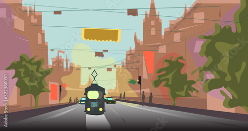 Sunny historical city street. Old city banner with tram. Cartoon vector illustration.Good for banner,card,poster and journal.EPS 10