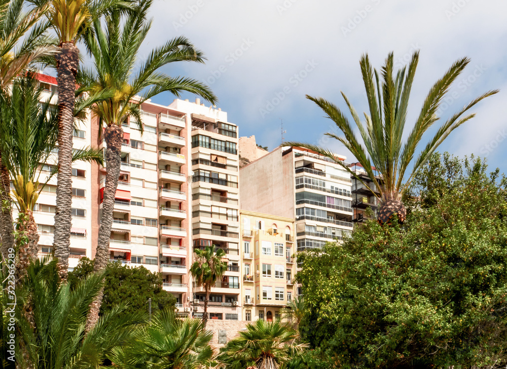 tall buildings sprout among the luxuriant vegetation on the promenade alongside the Postiguet beach.Alicante - Spain