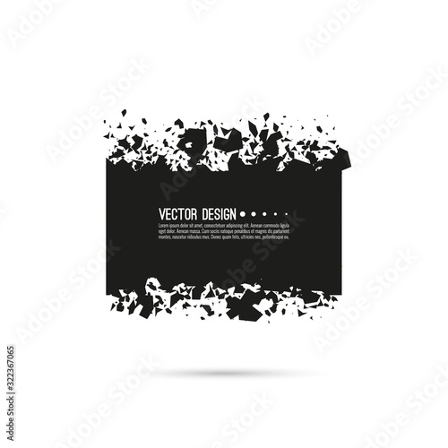 Explosive black banner. Vector rectangle breaking into small debris with sharp particles. Shatter and destruction effect.