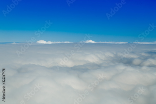 Flying above the clouds in clear weather at a great height.