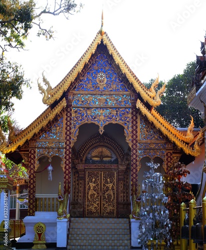 Beautifully decorated facade of Wat Phrathat Doi Southep in Chiangmai Thailand with many Buddha Statues