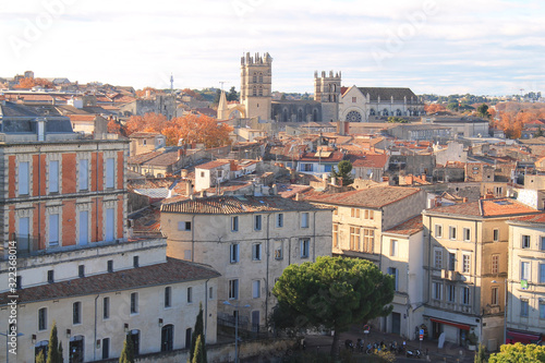 Beautiful aerial view over the historic center and St. Peter's Cathedral in Montpellier, city in southern France and capital of the Herault department