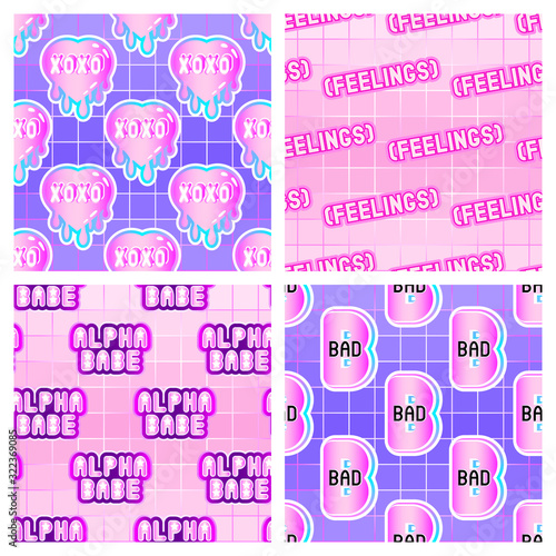 Set of 4 seamless patterns with pink patches. Vector wallpapers in pastel goth style. Feminine gradient backgrounds.	