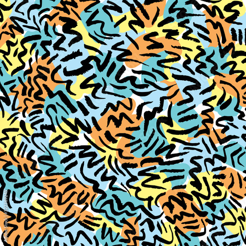 Pattern with black strokes and colored spots.
