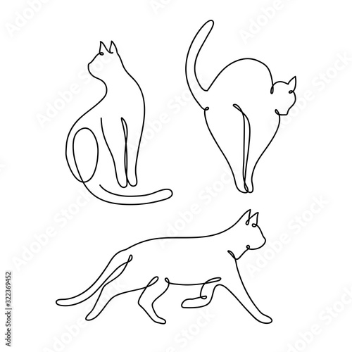 Three cats drawn in a thin, continuous line.