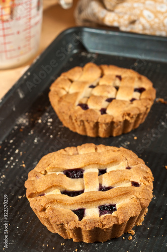 Konstfotografi Top view, close distance of two freshly baked, homemade blackberry shortbread ta