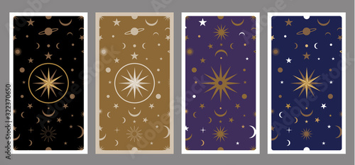 Back of Tarot card decorated with stars, sun and moon. Esoteric background
