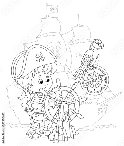 Little boy with a cocked sailor hat and a toy filibuster pistol playing a sea pirate with an old wooden ship steering helm, a compass and a funny parrot, black and white vector cartoon illustration