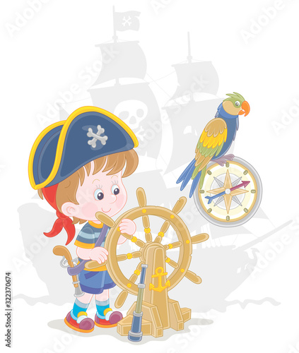 Little boy with a cocked sailor hat and a toy filibuster pistol playing a sea pirate with an old wooden ship steering helm, a compass and a funny parrot, vector cartoon illustration
