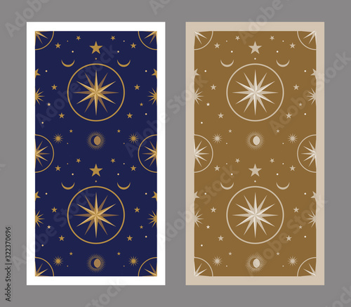 Back of Tarot card decorated with stars, sun and moon. Esoteric background
