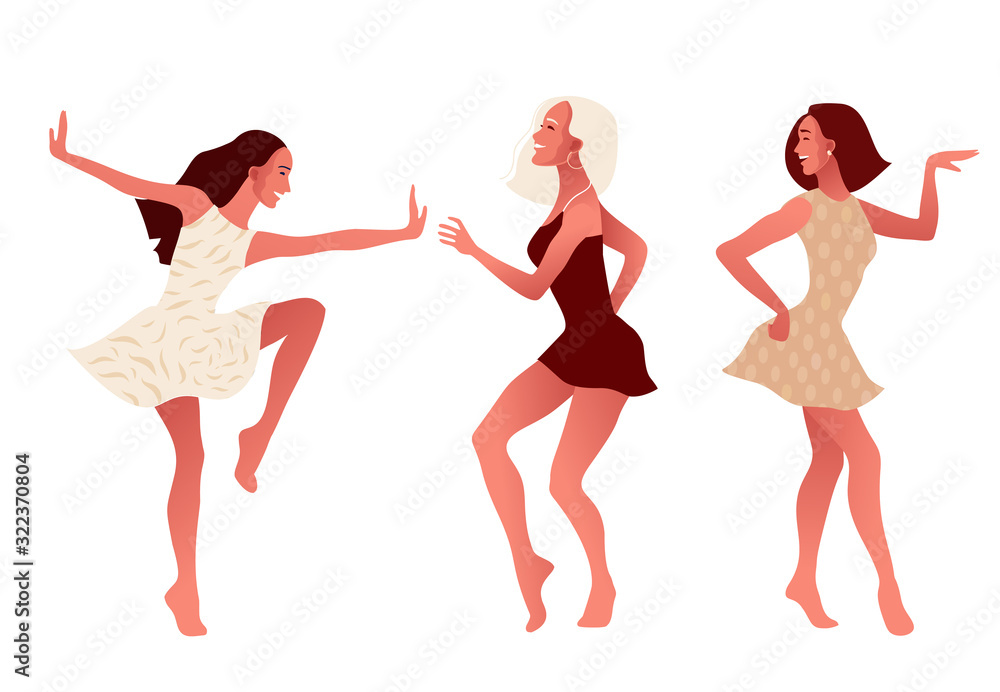 Happy sexy girls or friends dancing and laughing. International Women s Day. 8 March. Vector illustration, template with beautiful women for greeting card, poster or flyer. Happy sexy girls or friends dancing and laughing. International Women s Day. 8 March. Vector illustration, template with beautiful women for greeting card, poster or flyer.