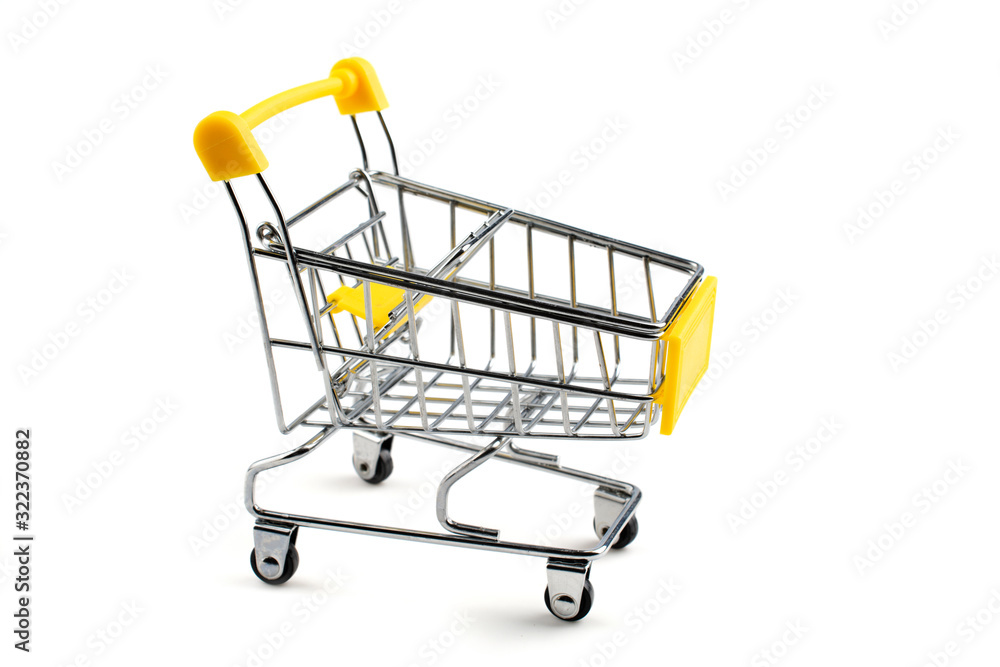 metal shopping cart close-up on a white isolated background