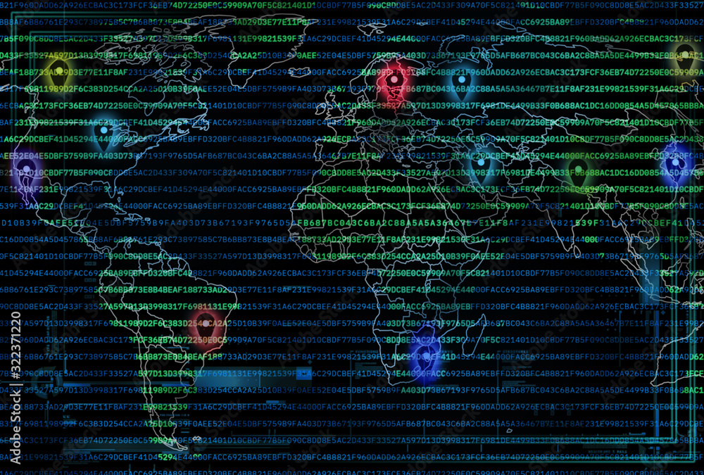 World map with geo pins and computer code overlay. Navigation and ...
