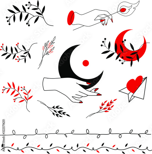 Vector magic set for a witch with the moon and hand. Occult illustration with plant branches 