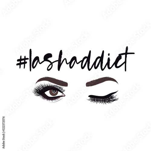 #Lashaddict - Lash addict, addiction. beautiful typography quote with eyelash in vector eps. Good for makeup salon, logo, social media posts, t-shirt, mug, scrap booking, gift, printing press.