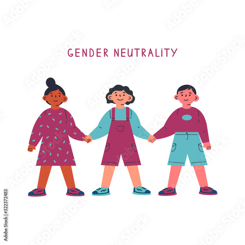 Gender neutral child clothing.Children standing together and holding hands.Gender neutrality.Blu,pink.Break the binary concept.Cartoon character on white background.Colorful vector illustration