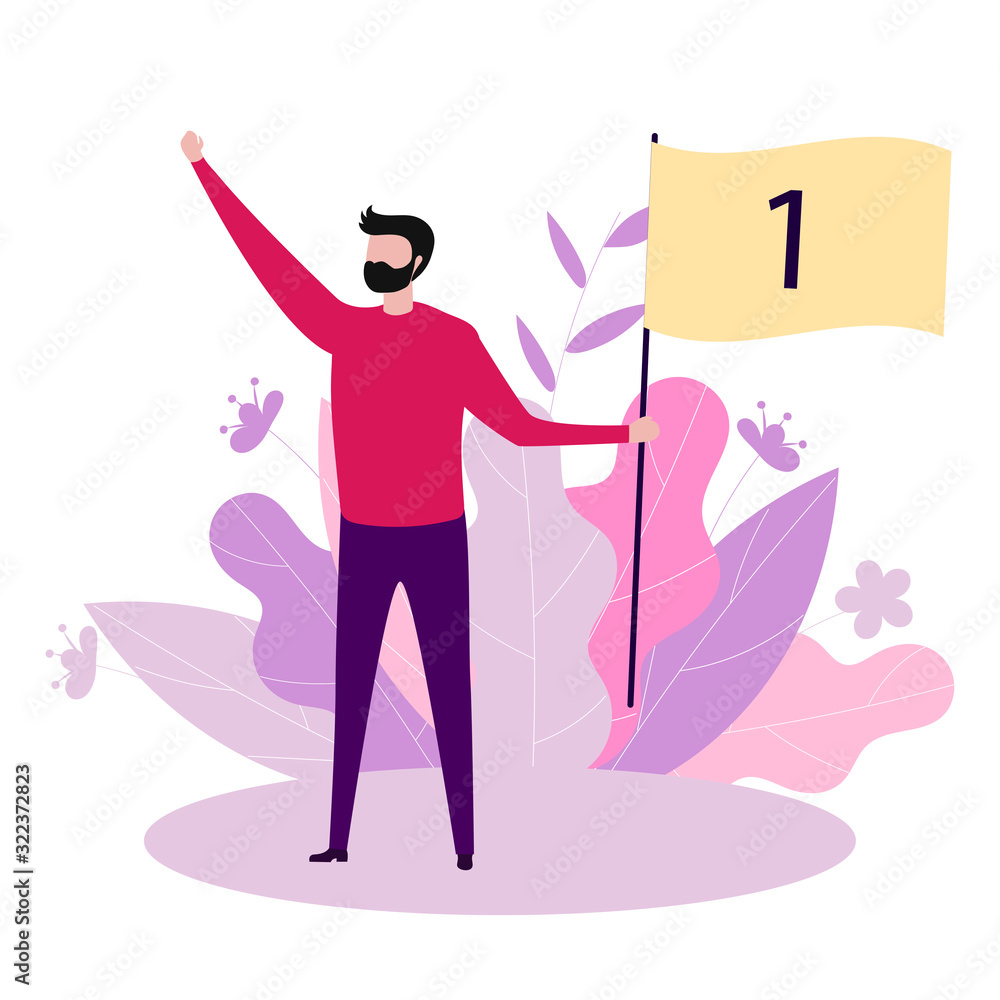 Fototapeta premium Vector illustration in flat style. Concept of leader, businessman, boss. A man holds in his hand a flag with the number one. The concept of victory, problem solving.