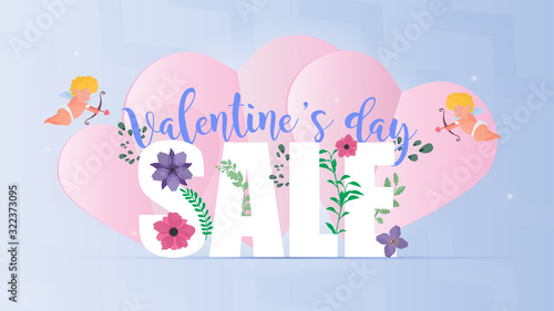 Valentine's day sale blue banner. Pink hearts, lettering and flowers. Good to accompany sales and discounts on Valentine's Day. Vector illustration