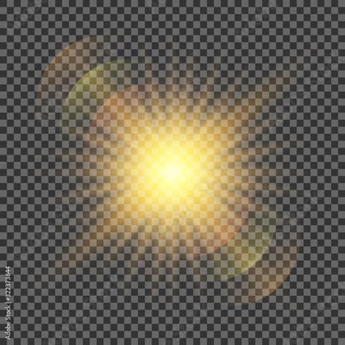 Shining vector golden sun with light effects. Flares and gleams rounded and hexagonal shapes, rainbow halo. 