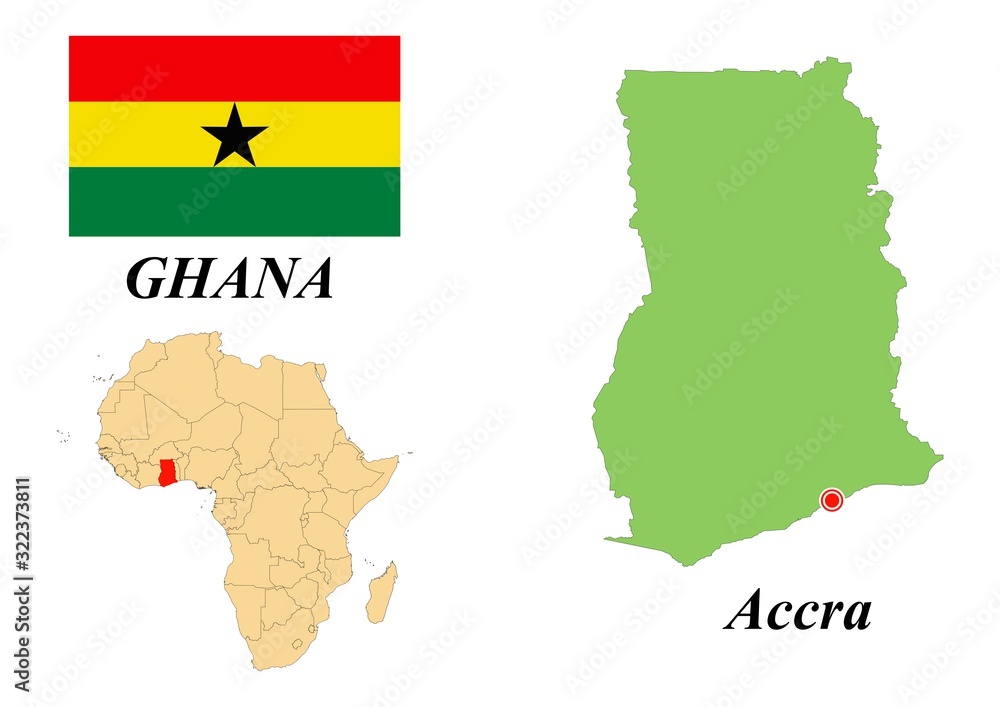 Republic of Ghana. Capital Of Accra. Flag Of Ghana. Map of the continent of Africa with country borders. Vector graphics.