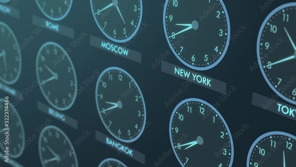 close up view of a wall of clocks with time of different cities (3d render) close up view of a wall of clocks with time of different cities (3d render)