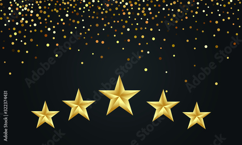 Five golden stars and golden confetti on a dark background with gradient texture, vector