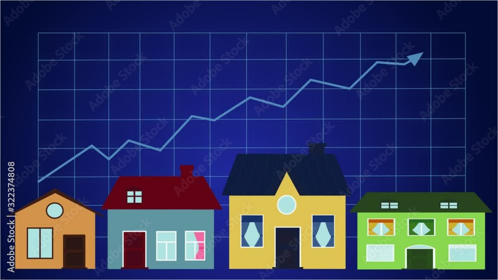 2D animation, arrow moving up on graphic at blue background as bigger ...