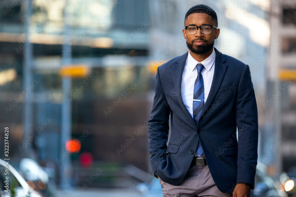 Stylish handsome modern business executive, african american banker, financial representative, suit and tie with smart glasses - obrazy, fototapety, plakaty 