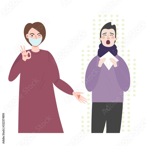 Young woman with medicine health care mask and young man with runny nose and sneezing. The use of face masks to prevent the Flu. Cartoon flat vector illustration.