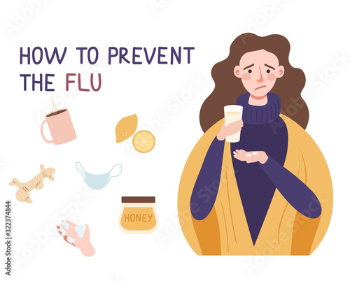 Young girl has flu or cold. Red nose, fever, and runny nose. Ways to prevent flu and colds. Vector illustration isolated objects on white background