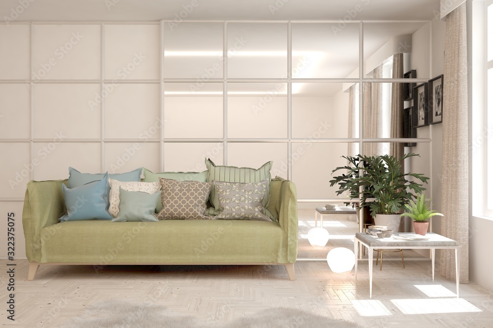 Stylish room in white color with sofa. Scandinavian interior design. 3D illustration Stylish room in white color with sofa. Scandinavian interior design. 3D illustration
