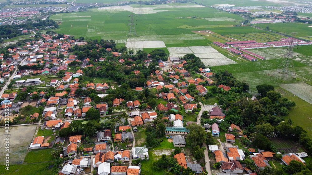 Aerial Shot. The countryside houses and fields surrounded by green trees and rice fields