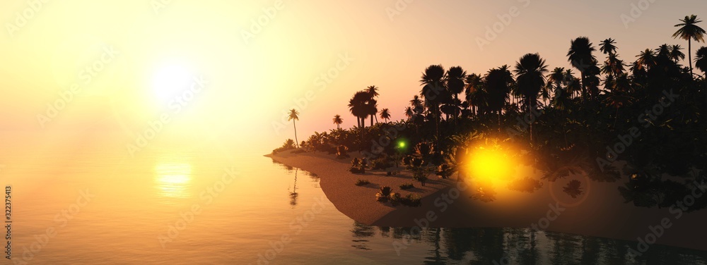 Beautiful sunset over the tropical shore, sea sunset with palm trees, 3D rendering - obrazy, fototapety, plakaty 