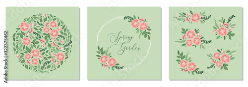 Cute botanical theme set of floral frame background with bouquets of hand drawn rustic roses and leaves branches