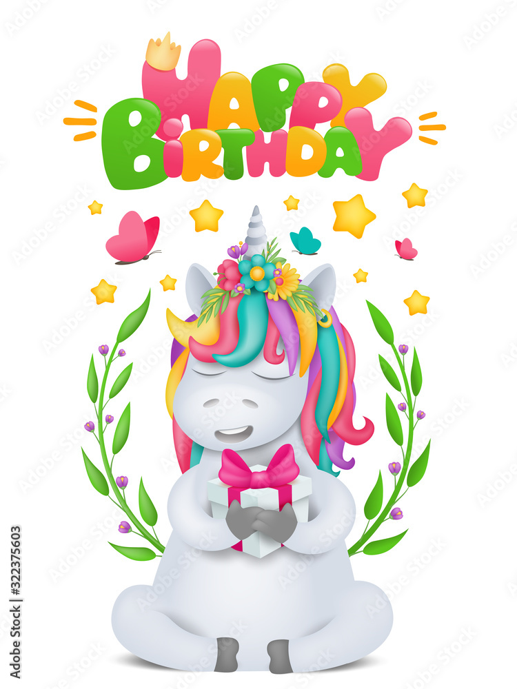 Naklejka premium Cute rainbow cartoon unicorn character with gift box in hands. Birthday card template.