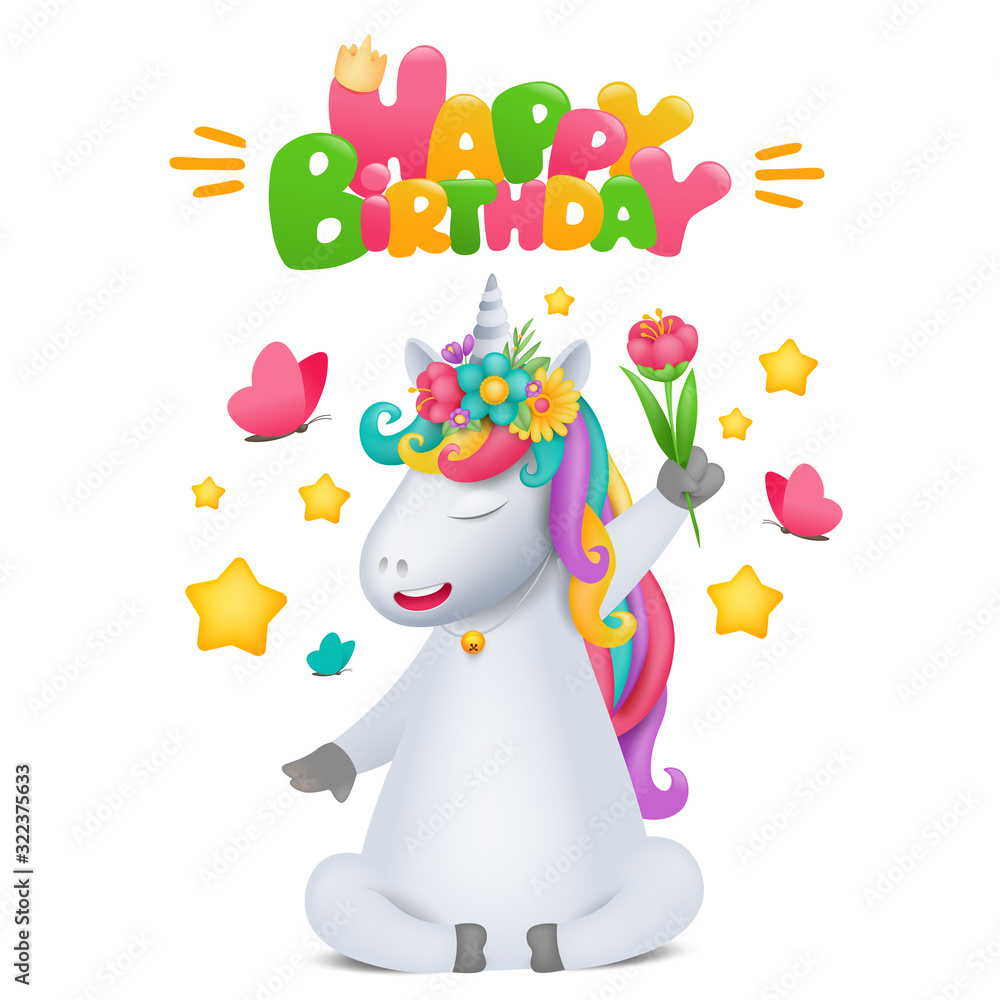Cute rainbow cartoon unicorn character with flower in hand. Birthday card template. Cute rainbow cartoon unicorn character with flower in hand. Birthday card template.