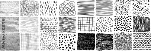 Collection of hand-drawn texture, lines, dots, scribbles, hatching, cells, strokes and abstract graphic design elements isolated on white background