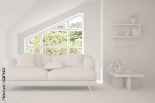 Mock up of stylish room in white color with sofa and green landscape in window. Scandinavian interior design. 3D illustration