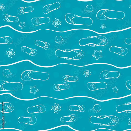 Flip flop shoe seamless vector pattern. Hand drawn outline style with waves, jellyfish, starfish and transparent bubble background in white and blue. Family summer vacation concept.
