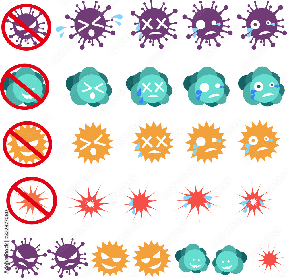 イラスト素材　ウイルスセット　弱った菌　微生物　細胞　病　表情　ベクター