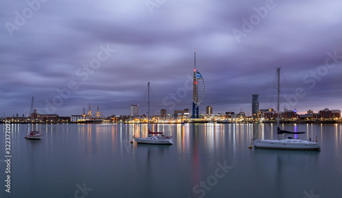Early morning Portsmouth skyline across the harbour