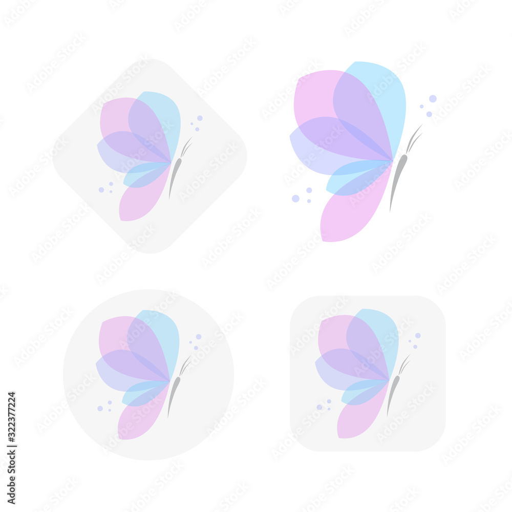 Set of vector trendy transparent pink blue butterfly icon and logo for flower store, beauty salon, spa, cosmetic, fashion. Sign, label, identity, template for business brand. Social network icons