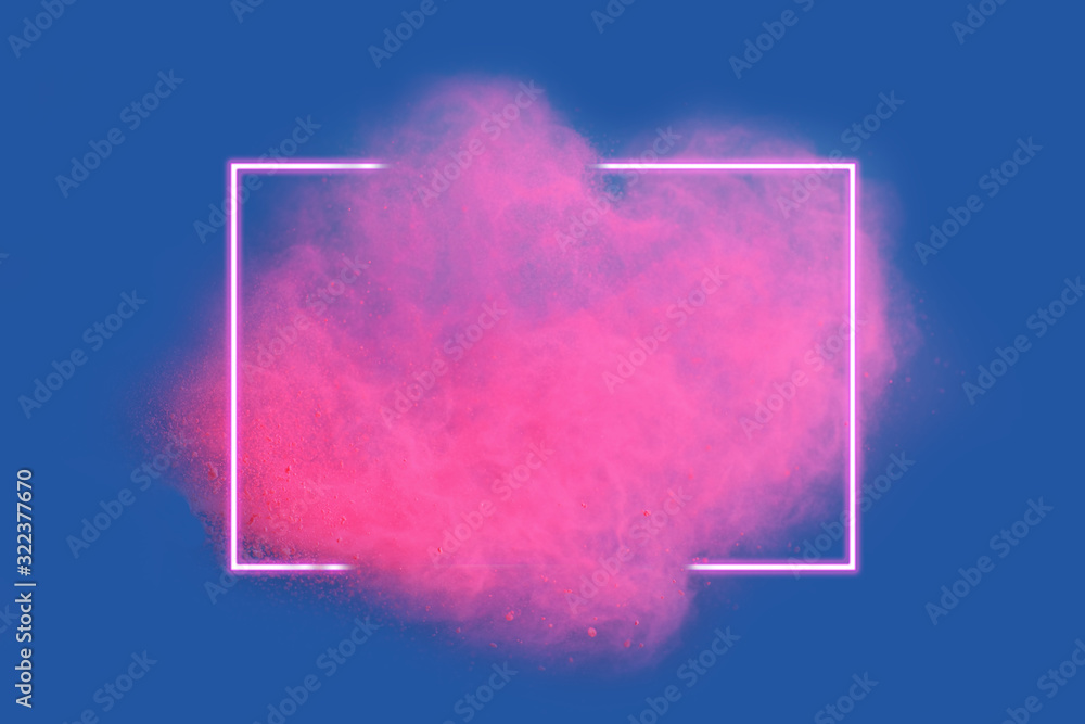 Pink neon powder explosion with gliwing frame on blue background. Colored cloud. Colorful dust explode. Paint Holi. - obrazy, fototapety, plakaty 