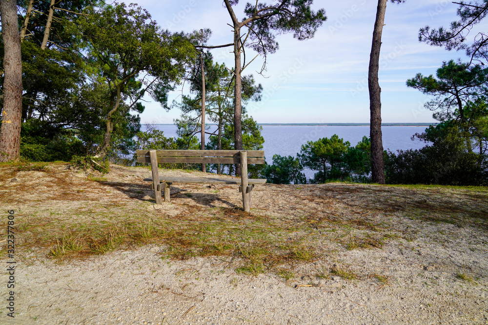 wooden bench looking lake in dune sand beach Hourtin village in gironde France