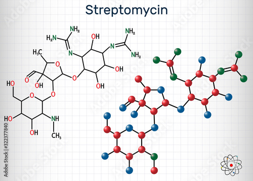 Streptomycin, C21H39N7O12 molecule. It is an aminoglycoside antibiotic. Structural chemical formula and molecule model. Sheet of paper in a cage